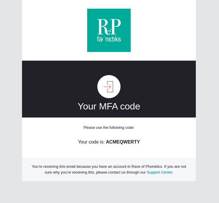 The template email informs a code that the user can use to complete an MFA step.