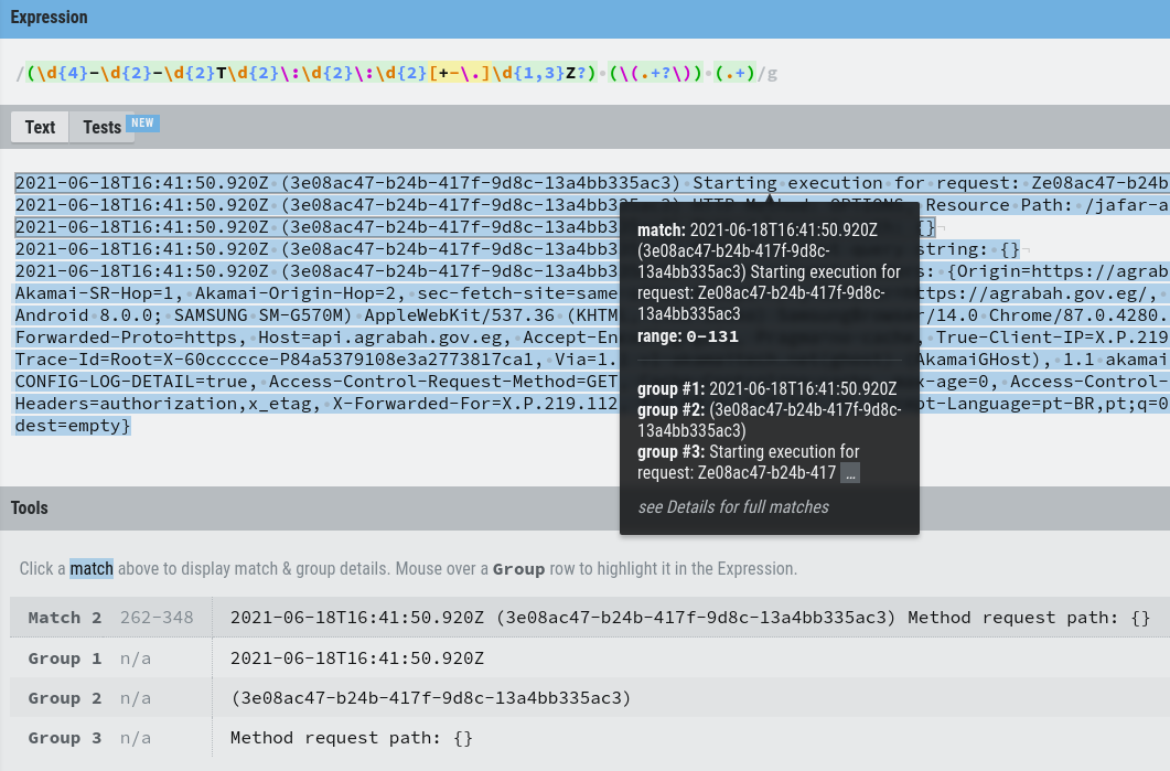 A regex expression is applied on the first line of a sample text from a random log file.