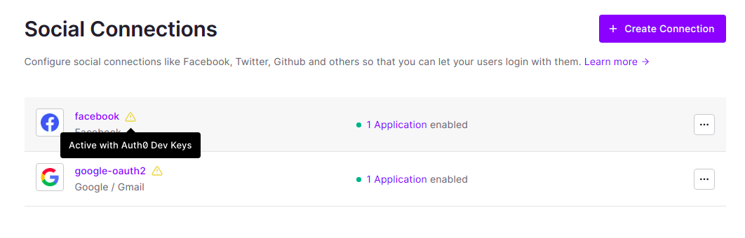 Two social connections are available: Google and Facebook. Both are active with Auth0 Dev Keys.