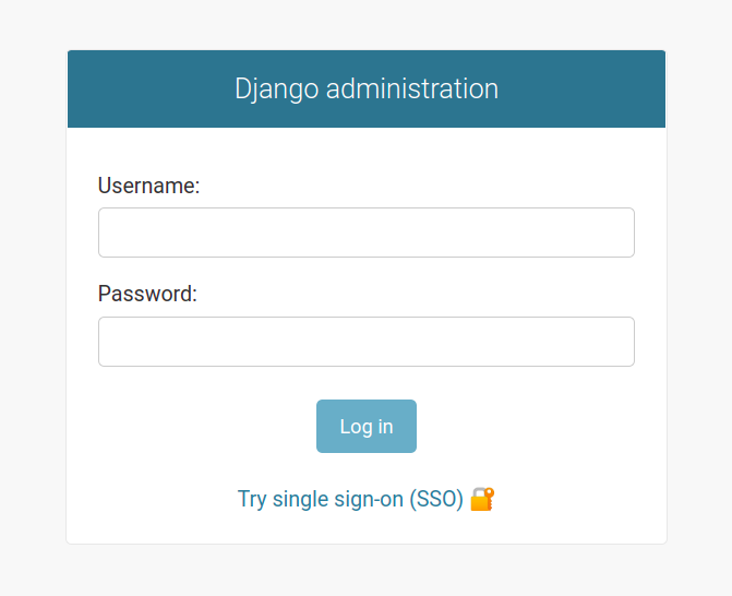 Custom Django login interface. It has the classical username and password fields, including the single sign-on (SSO) option.