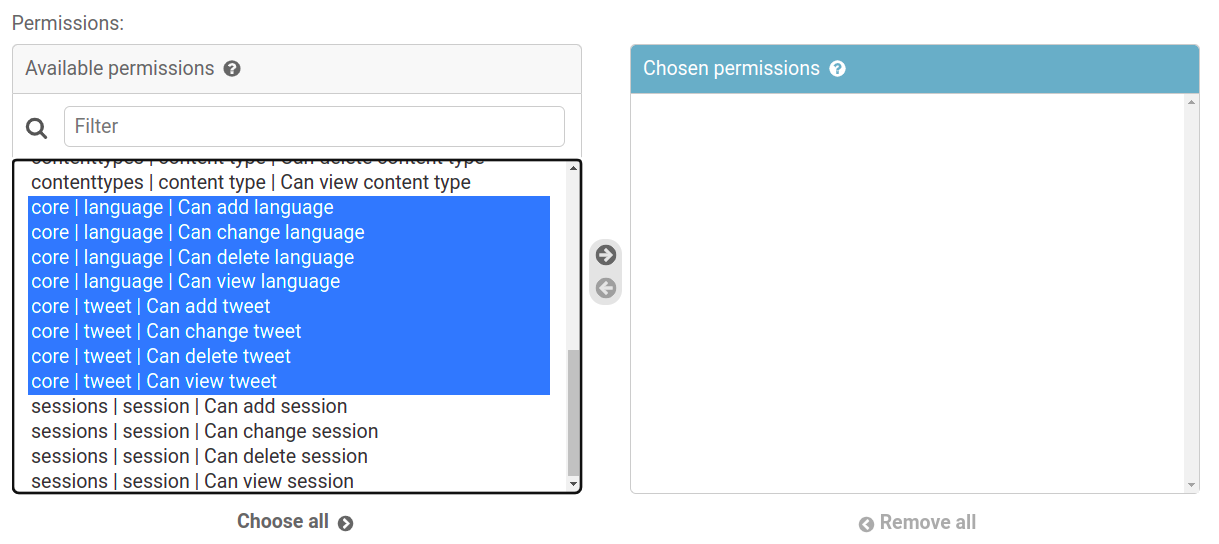 It shows a list of available permission on Django. In addition, it highlights 8 permissions that represent CRUD operations.