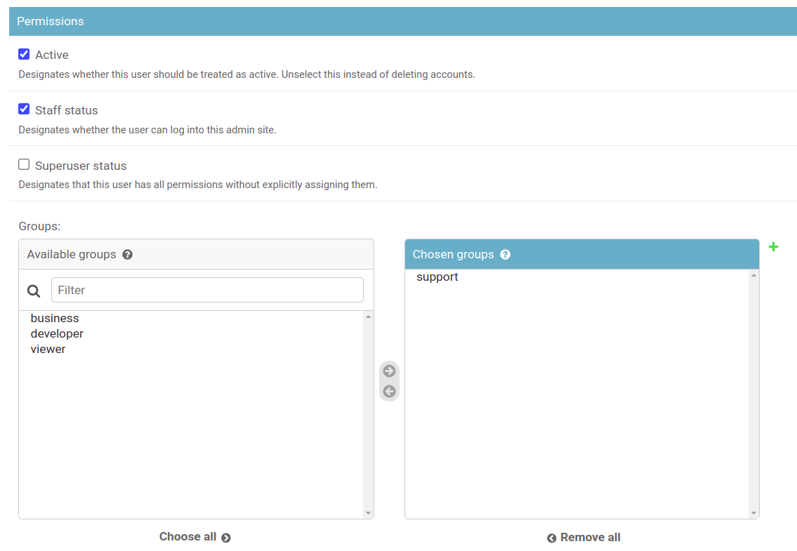 It shows which group the user is configured with. In this case, the user has the group support.