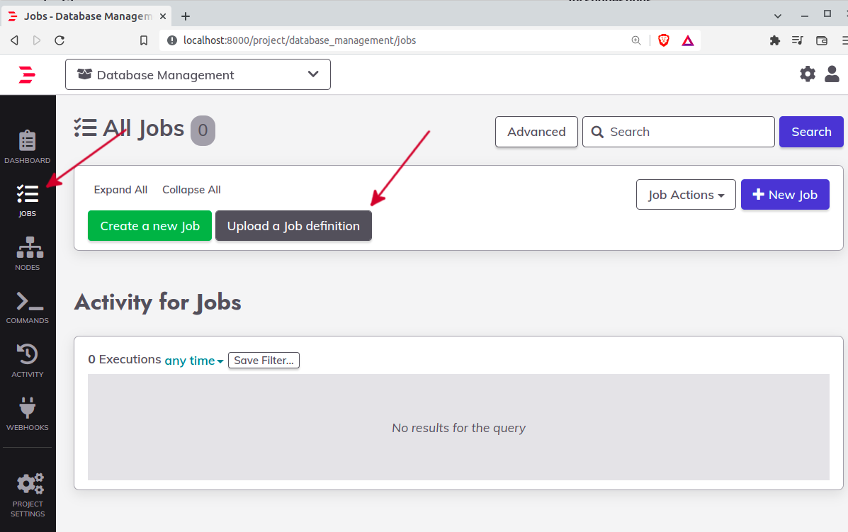 The "all jobs pages" has two highlighted buttons: "create a new job" and "upload a job definition". To import a job definition, you should click on the latter.