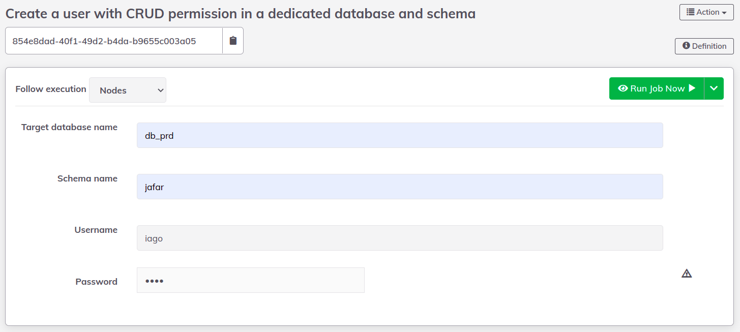 To create a user, the job required 4 parameters: target database, schema name, username, and password.