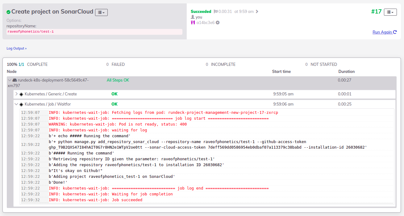 It shows the activity result from "create project on SonarCloud" task. It states that the job has been executed successfully.