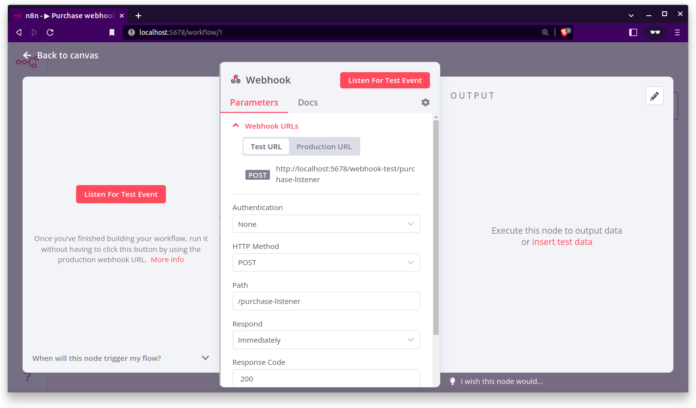 The image illustrates the webhook node details. It has its input and output. You can grab its TEST or PRODUCTION URL to send data.