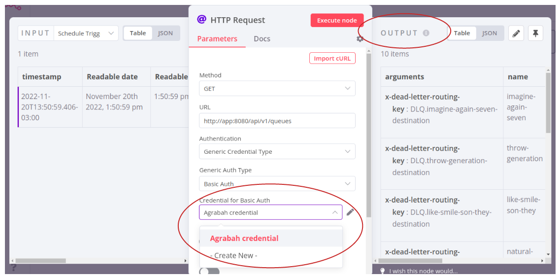 The image highlights the configuration for basic HTTP authentication and the output of the node.