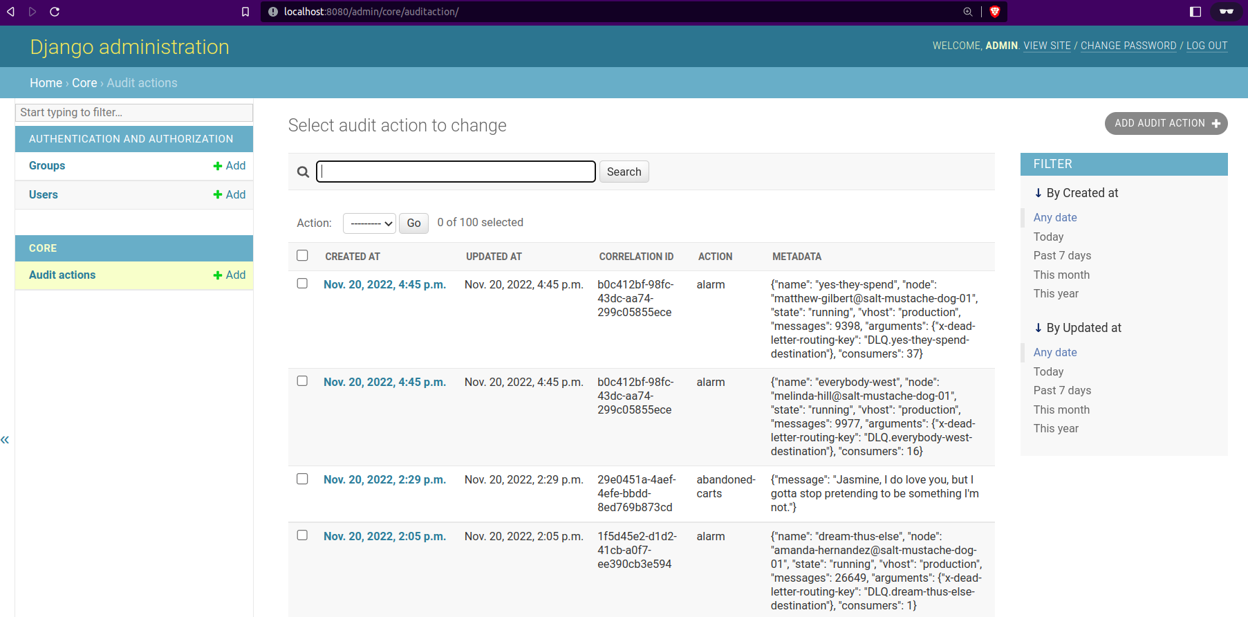 The admin is on audit actions page. It shows many records created through the workflow.