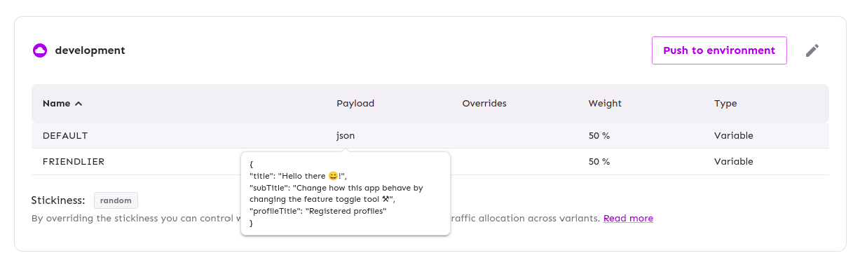 The details of an particular feature toggle that stores a JSON instead of a simple ON/OFF value.