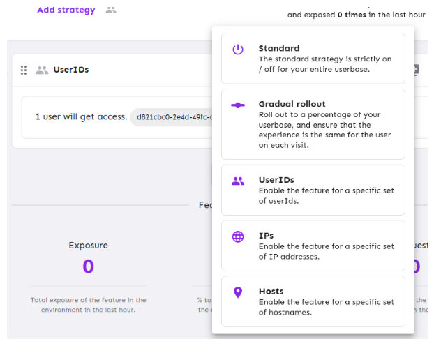 A list of all activation strategies available. It shows standard, gradual rollout, userIds, and IPs.