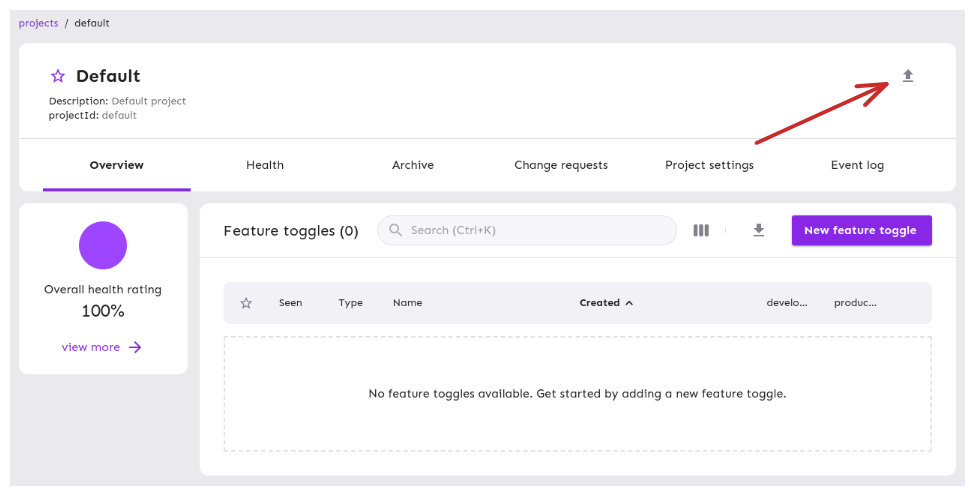 Unleash administration panel showing the details of the project named default. The arrow points to an icon that represents the IMPORT FILE method.