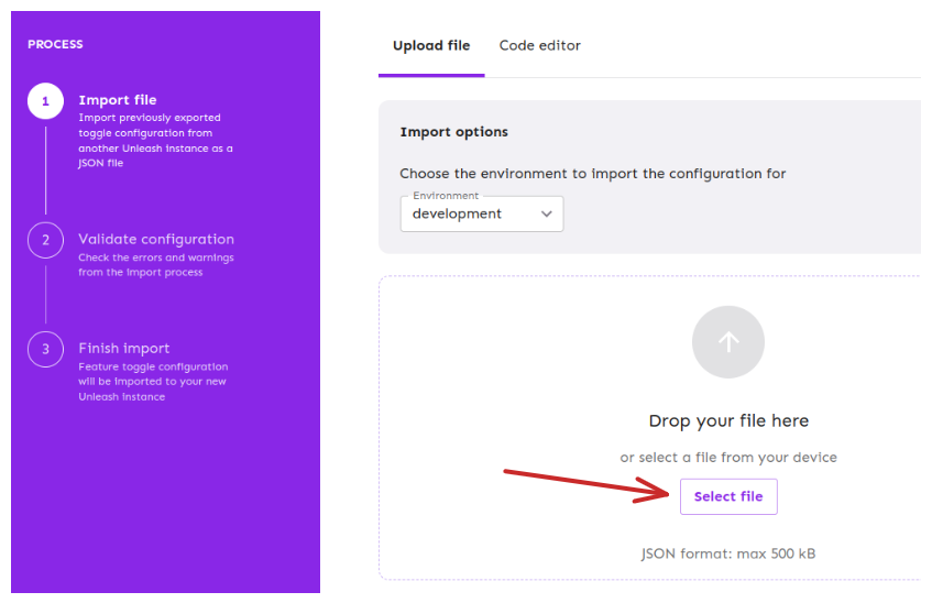 Unleash import file panel. An arrow emphasizes where you can click to upload an image.