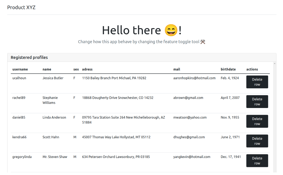 Django landing page. It says "hello there" and shows a list of mocked profiles.