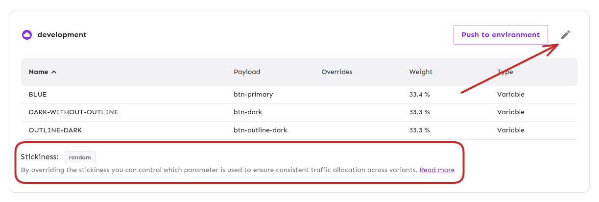 The tab called "variants" of a particular toggle. It shows the details of the current stickiness configuration. It also shows where you can click to edit the variants.