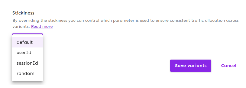 List of all stickiness options available, it shows default, userId, sessionId, and random.