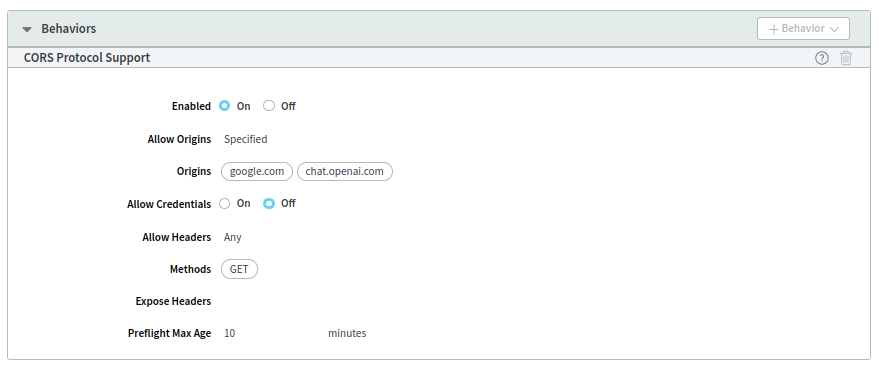 The panel is from Akamai. It shows a behavior called CORS Protocol Support. It allows the method GET from 2 origins, google.com and chat.openai.com.