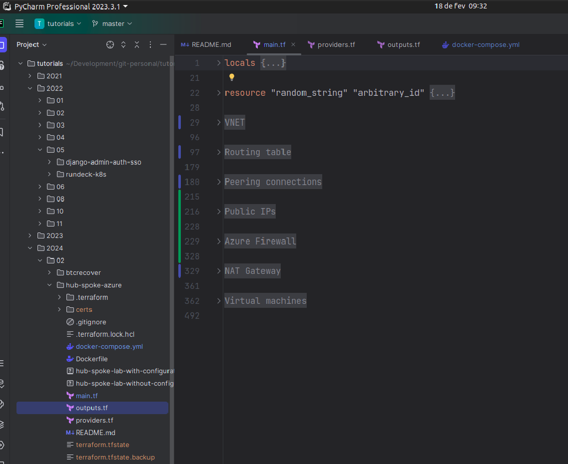 The main.tf file shows 7 regions: VNET, Routing Table, Peering Connections, Public IPs, Azure Firewall, NAT Gateway, and Virtual Machines.