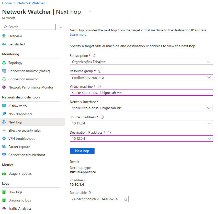 It shows the "Network Watcher | Next hop" window on Azure Portal.