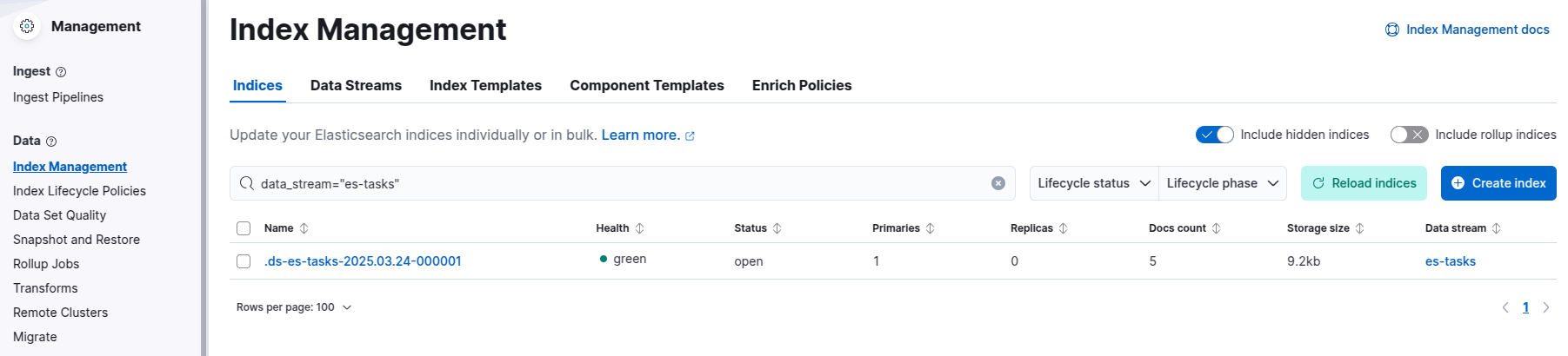 Screenshot of the Kibana Index Management page showing a single index named "ds-es-tasks-2025.03.24-000001" with health status "green", 5 documents, and 9.2kb storage size.