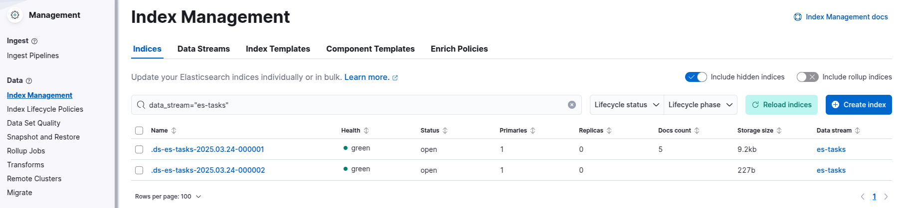 Screenshot of the Kibana Index Management page showing two indices, "ds-es-tasks-2025.03.24-000001" and "ds-es-tasks-2025.03.24-000002", both with health status "green" and belonging to the "es-tasks" data stream.