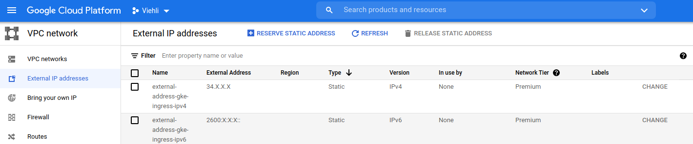 It shows a list of external IP addresses containing two rows.