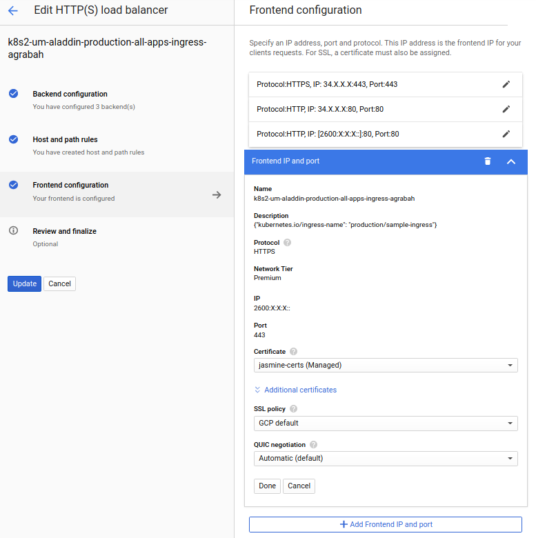 It lists 4 items of the frontend configuration, including two rows that were configured as an example.